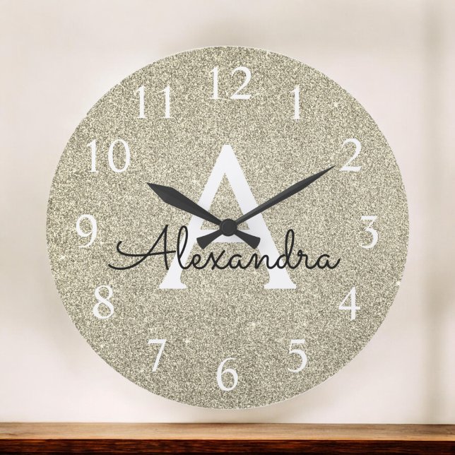 Gold Sparkle Glitter Monogram Name & Initial Large Clock (Creator Uploaded)