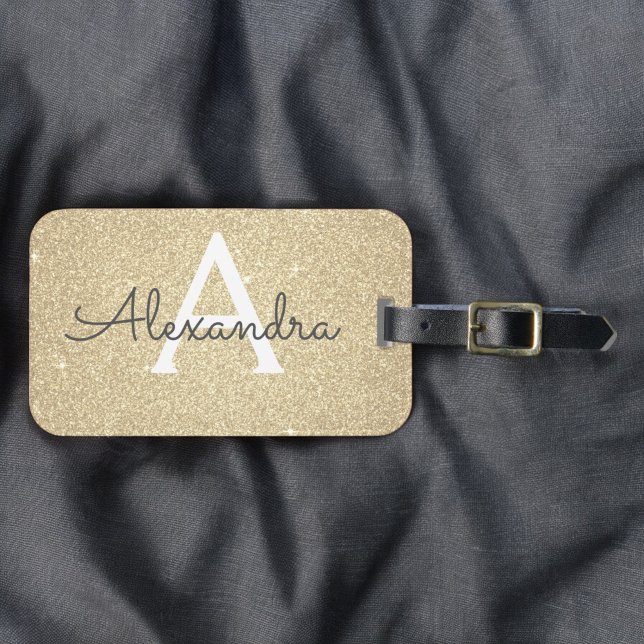 Gold Sparkle Glitter Monogram Name Luggage Tag (Creator Uploaded)