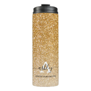 Gold Sparkle Glitter Ombre Girly Monogram Name Thermal Tumbler