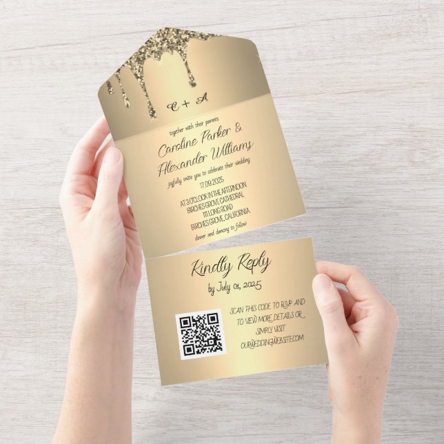 Gold Sparkle Glitter Script RSVP Modern QR Code All In One Invitation (Tearaway)