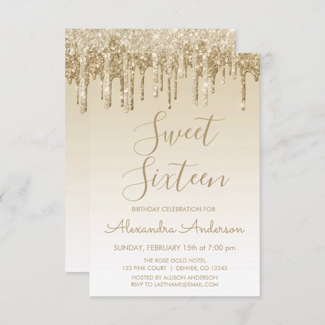 Gold Sparkle Glitter Sweet Sixteen Birthday Invitation (Front/Back)