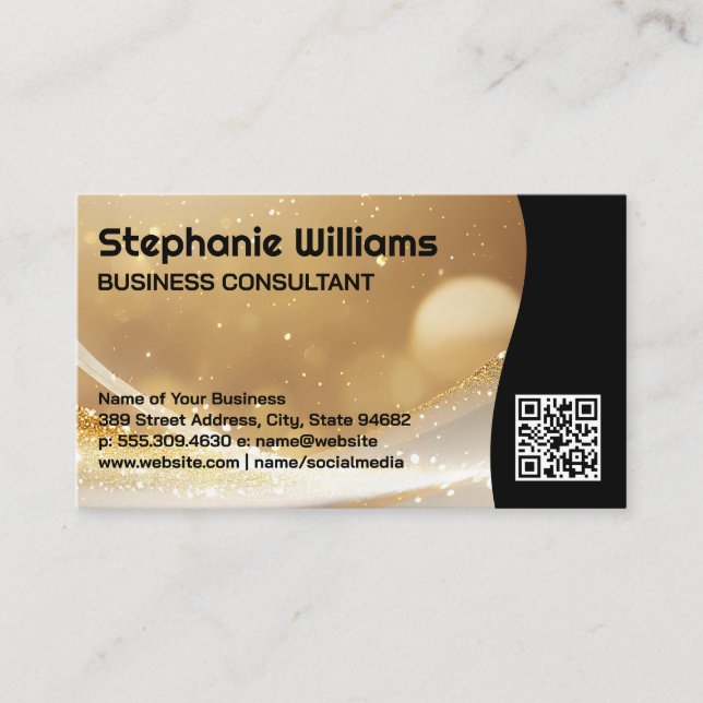 Gold Sparkle Glittery Boke | QR Code Business Card (Front)