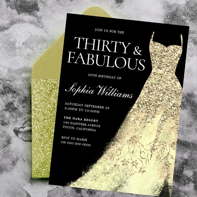 Gold Sparkle Gown Black 30th Birthday Party  Invitation (Creator Uploaded)