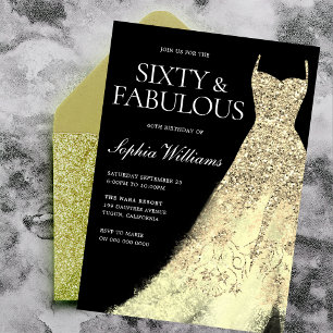 Gold Sparkle Gown Black 60th Birthday Party  Invitation