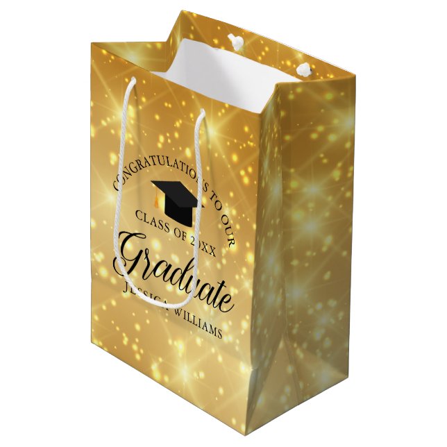 Gold Sparkle Graduate Custom Chic 2026 Graduation Medium Gift Bag (Front Angled)