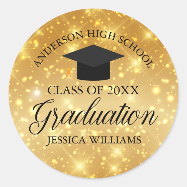 Gold Sparkle Graduation Chic Personalized Classic Round Sticker (Front)