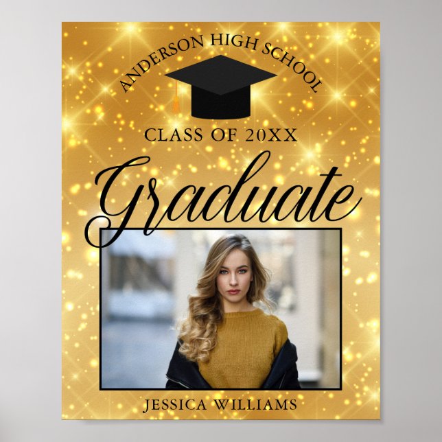 Gold Sparkle Graduation Photo Chic Custom Party Poster (Front)