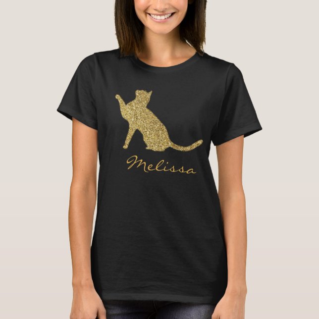 Gold Sparkle Kitty Cat Personalised T-Shirt (Front)