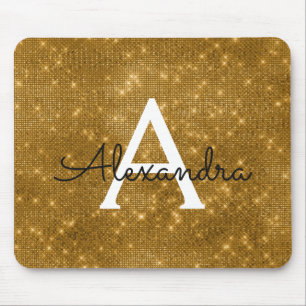 Gold Sparkle Modern Monogram Name Mousepad