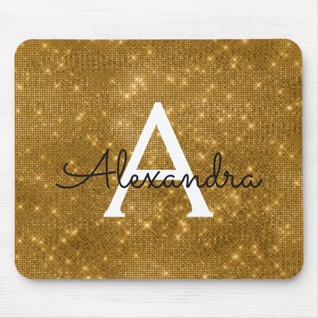 Gold Sparkle Modern Monogram Name Mousepad (Front)