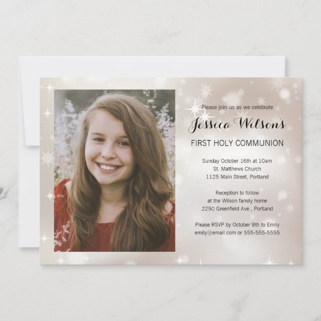 Gold Sparkle Photo First Holy Communion Invitation (Front)