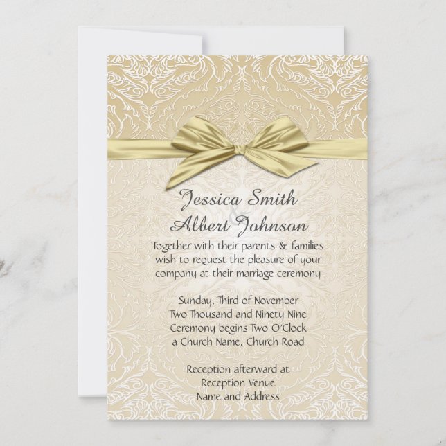 Gold Sparkle Ribbon Damask Wedding Invite (Front)