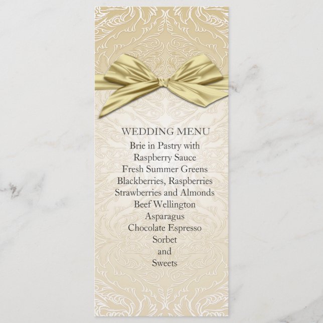 Gold Sparkle Ribbon Damask Wedding Menu (Front)
