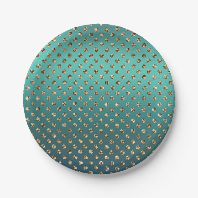 Gold Sparkle Sequin on Teal Paper Plate (Front)