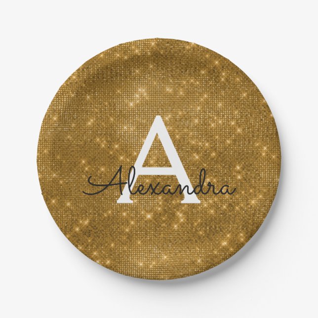 Gold Sparkle & Shimmer Monogram Birthday Paper Plate (Front)
