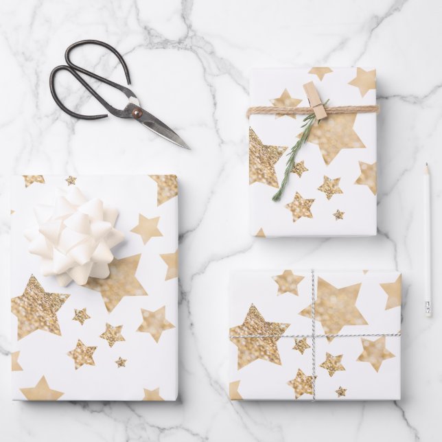 Gold sparkle Stars Merry Christmas Holiday white Wrapping Paper Sheet (Front)