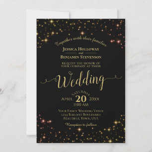 Gold Sparkle Stars on Black Elegant Wedding Invitation