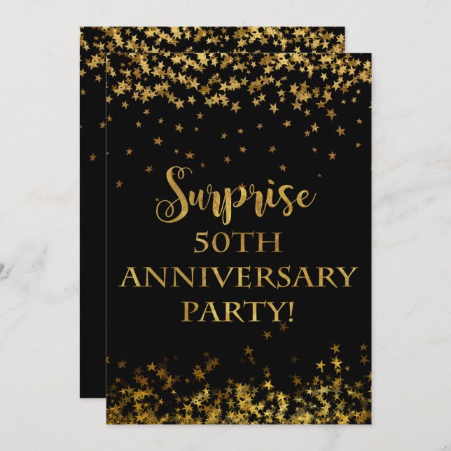 Gold Sparkle Stars Text 50th Anniversary Invitation (Front/Back)
