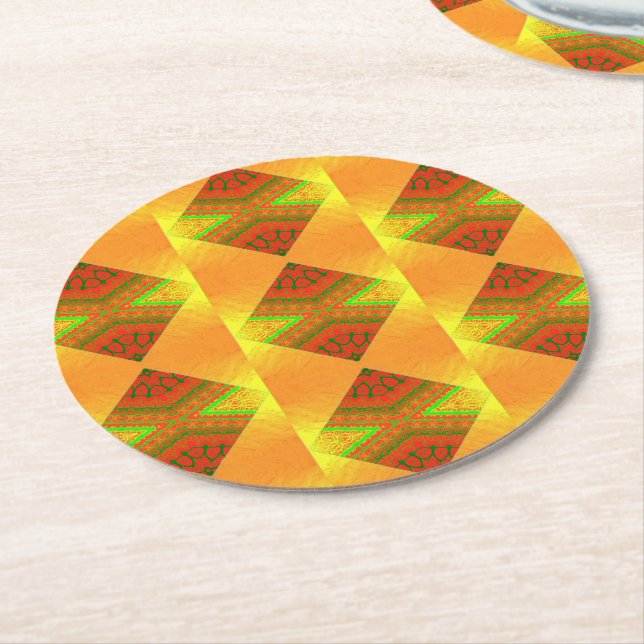 Gold sparkle with diamond pattern round paper coaster (Angled)