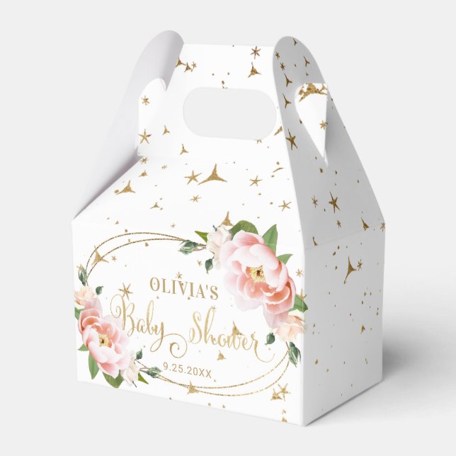 Gold Sparkles Blush Pink Floral Baby Girl Shower Favour Box (Front Side)