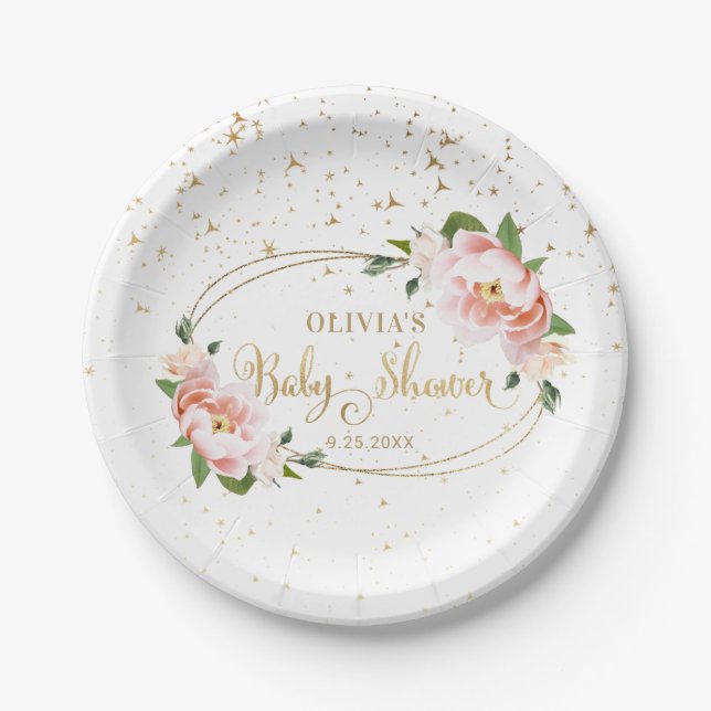 Gold Sparkles Blush Pink Floral Baby Girl Shower Paper Plate (Front)