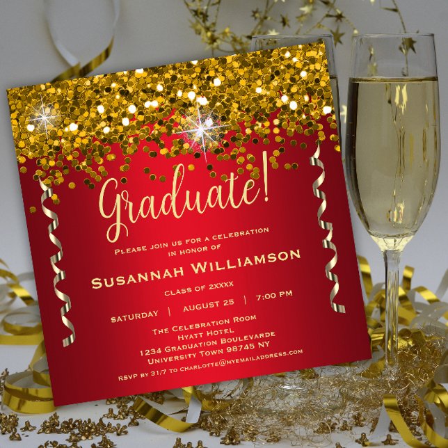 Gold Sparkles Glitter Red Graduation Party Invitation (Creator Uploaded)