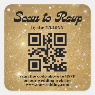 gold sparkles retro script rsvp qr code wedding   square sticker