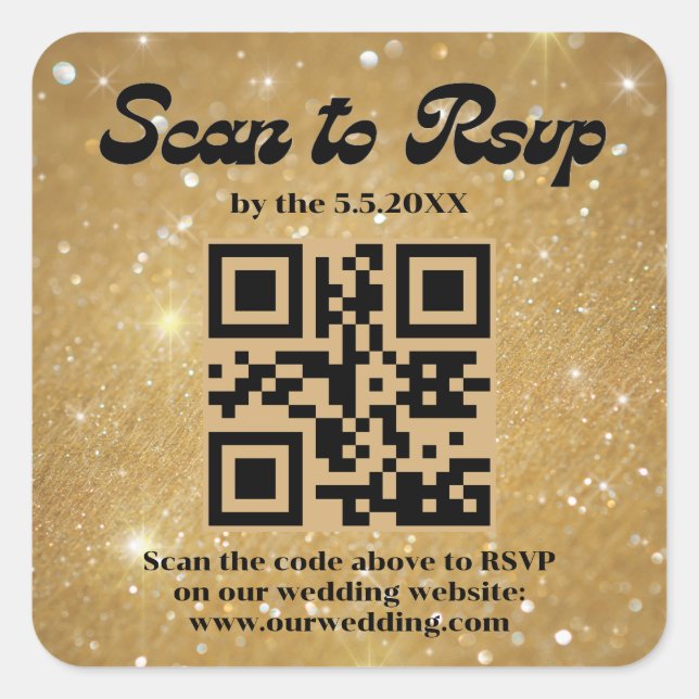 gold sparkles retro script rsvp qr code wedding   square sticker (Front)