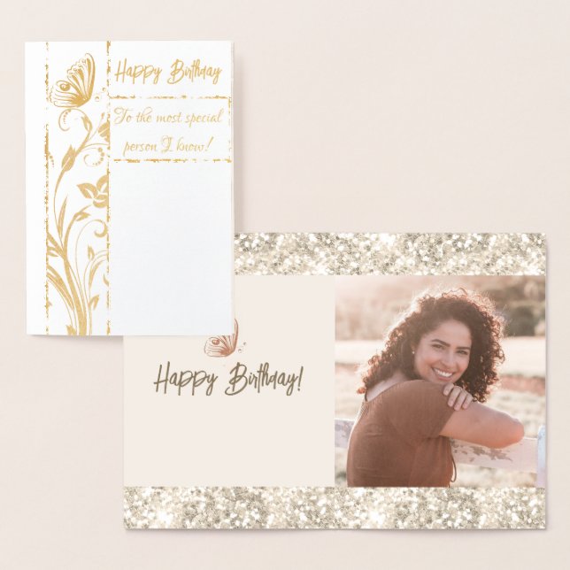 Gold Sparkling Butterfly Photo Birthday Real Foil Card (Display)