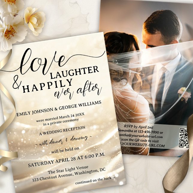 Gold Sparkling Elope Happily Ever After Wedding Invitation (A boho chic happily ever after wedding invitation showing a gold design with festive sparkling light)