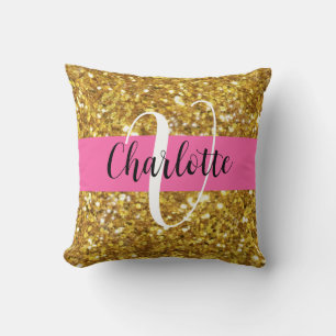 Gold sparkling glitter monogrammed      cushion