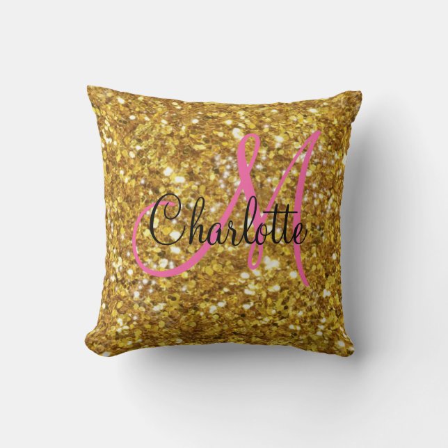 Gold sparkling glitter monogrammed     cushion (Front)