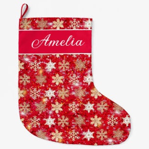Gold sparkling glitter snowflakes            large christmas stocking