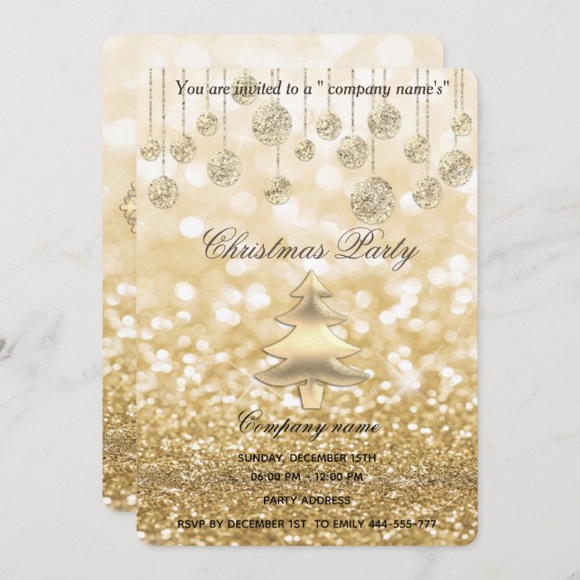 gold sparkling glittery corporate Christmas party Invitation (Front/Back)