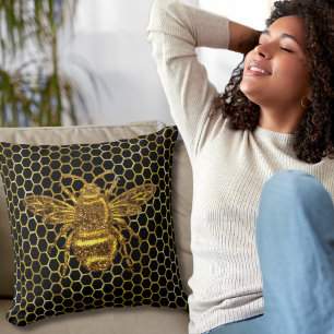 Gold Sparkling Queen Bee Gold Hexagon Beehive Cushion