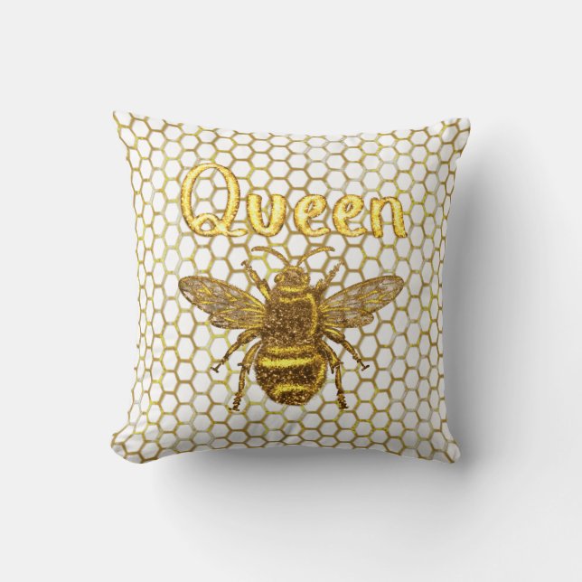 Gold Sparkling Queen Bee Gold Hexagon Beehive Thro Cushion (Front)