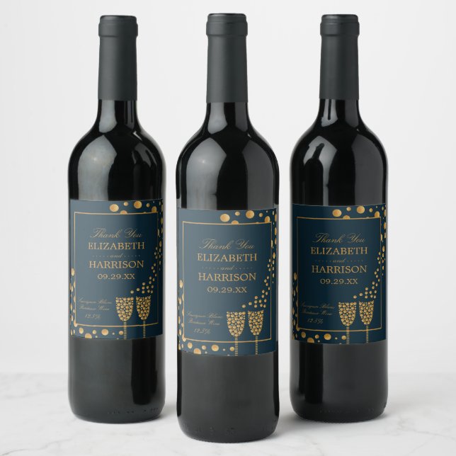 Gold Sparkling Wine Bubbles, Blue & Gold Wedding Label (Bottles)