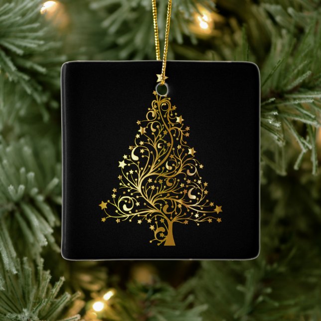 Gold Sparkly Christmas Tree Ceramic Ornament (Tree)