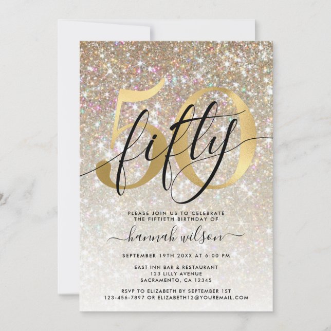 Gold Sparkly Glitter 50th Birthday Party Invitation (Front)