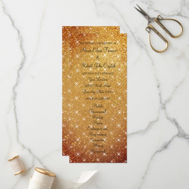 Gold sparkly glitter fab wedding ceremony program programme (Front/Back In Situ)