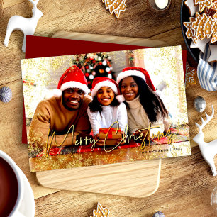 Gold Sparkly Snowflakes Red Merry Christmas  Holiday Card