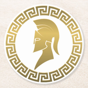 Gold Spartan Helmet Coaster with Greek Key Border