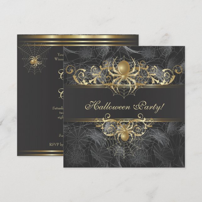 Gold Spiders Halloween Party Invitation (Front/Back)
