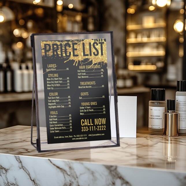 Gold Splash Glitter Hair Stylist Black Price List Flyer (Perfect for business)