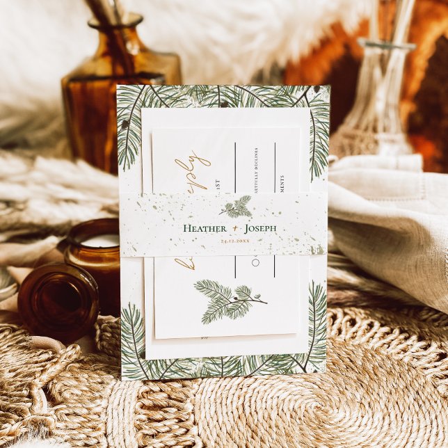 Gold Splash Whimsical Green Pine Cone Wedding Invitation Belly Band (Creator Uploaded)