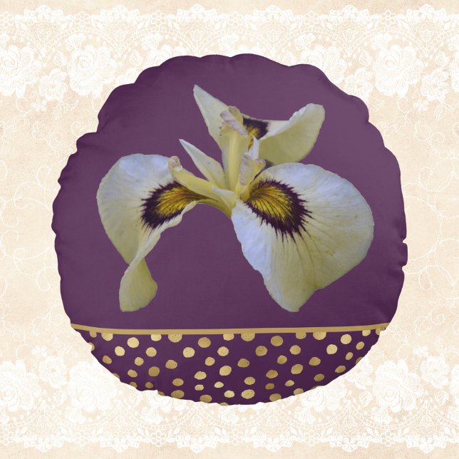 Gold Splashes and Cream Siberian Iris on Purple  Round Cushion (Creator Uploaded)
