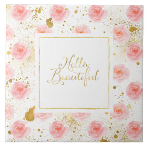 Gold Splatters Pink Roses Hello Beautiful Tile