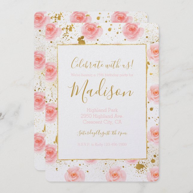Gold Splatters Pink Roses Watercolor Birthday Invitation (Front/Back)