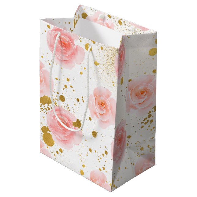 Gold Splatters Pink Roses Watercolor Medium Gift Bag (Front Angled)