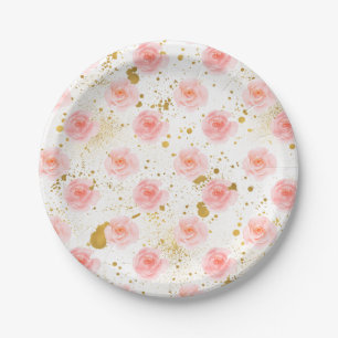 Gold Splatters Pink Roses Watercolor Paper Plate